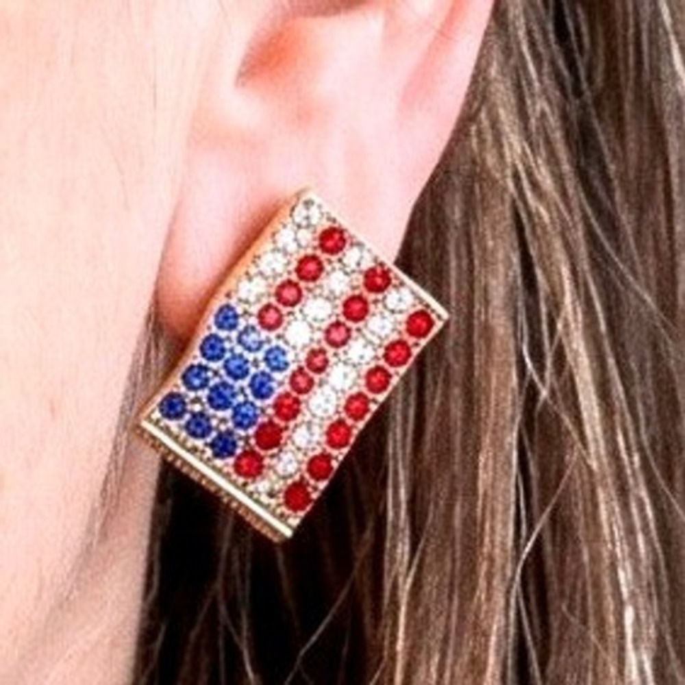 Vintage Swarovski Crystal American US Flag Stud Earrings Pave Rhinestone Vtg‎
